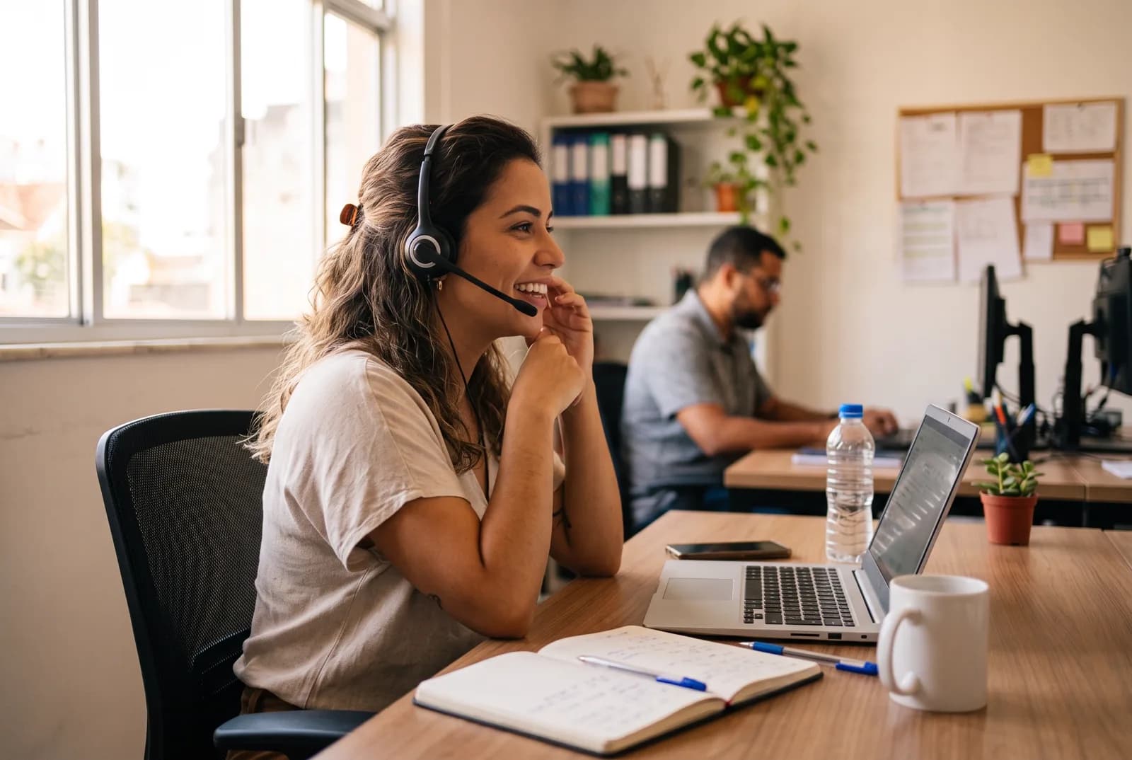 Vendedora sorrindo enquanto atende um cliente pelo headset, em um escritório iluminado, com um colega trabalhando ao fundo.